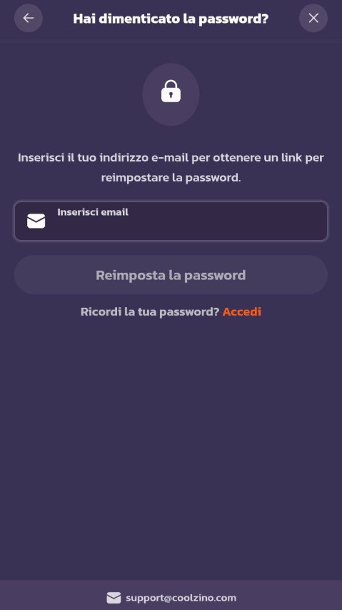 Reimposta la password tramite app mobile Coolzino